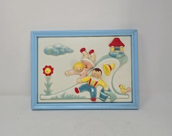 Vtg Stahlwood nursery wall art Jack & Jill 3D framed plastic kids room decor.