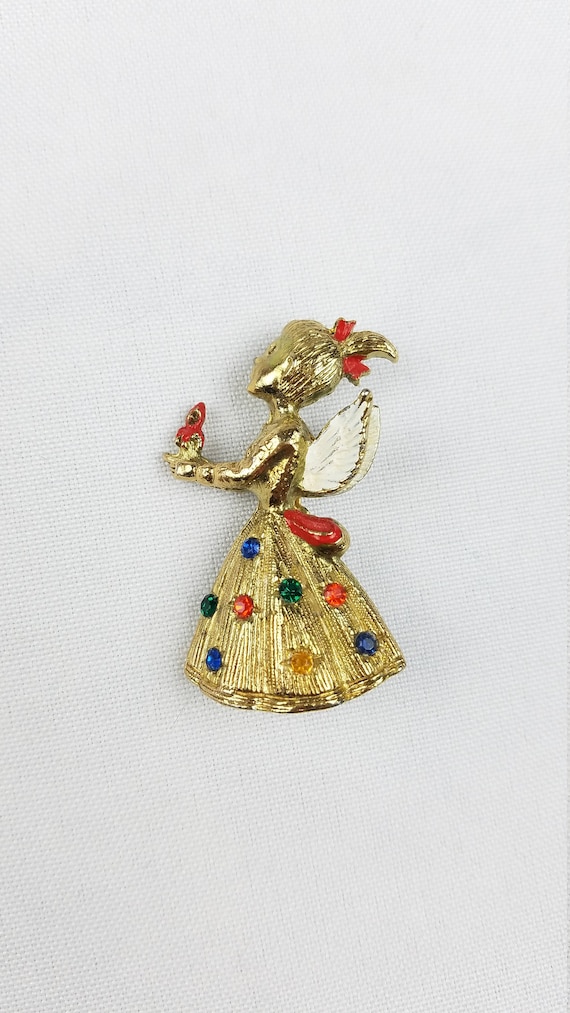 Vintage angel girl pin brooch wings rhinestones c… - image 1