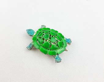 Vintage turtle brooch pin green enamel animal