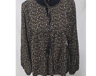 Denim & Supply Ralph Lauren women S/P black floral peasant shirt balloon sleeve