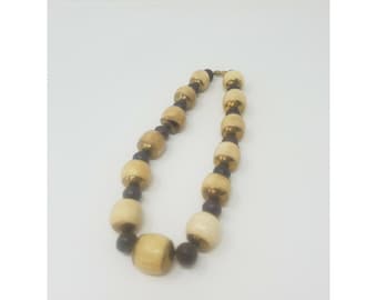 Collana vintage in legno e ottone con perline, stile hippie antico, natura boho