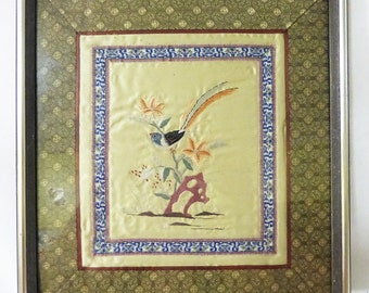 Embroidered oriental flower and bird picture on silk fabric and frame