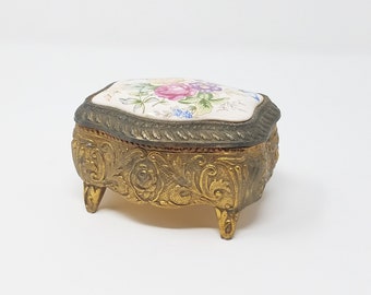 Vintage brass hinged jewelry box ceramic top inside velvet floral