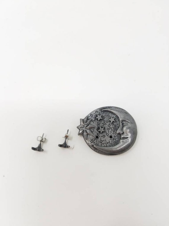 Vtg metal moon brooch w/moon studs earrings silve… - image 4