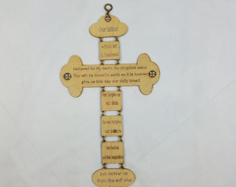 Vtg. wood Christian crucifix cross Our Father prayer blessing wall decor