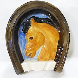 Vintage horseshoe ashtray ceramic horse hand painted home decor 1974