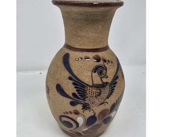 Vintage Tonala Mexicaans aardewerk vaas handgeschilderde vogel bloemen volkskunst steengoed