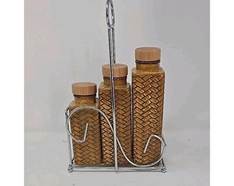 Set di 3 bottiglie in ceramica vintage Waikiki con supporto, stile hawaiano tiki, isola tropicale