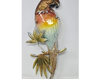 Vtg rustic parrot macaw bird metal glass tropical wall patio garden decor