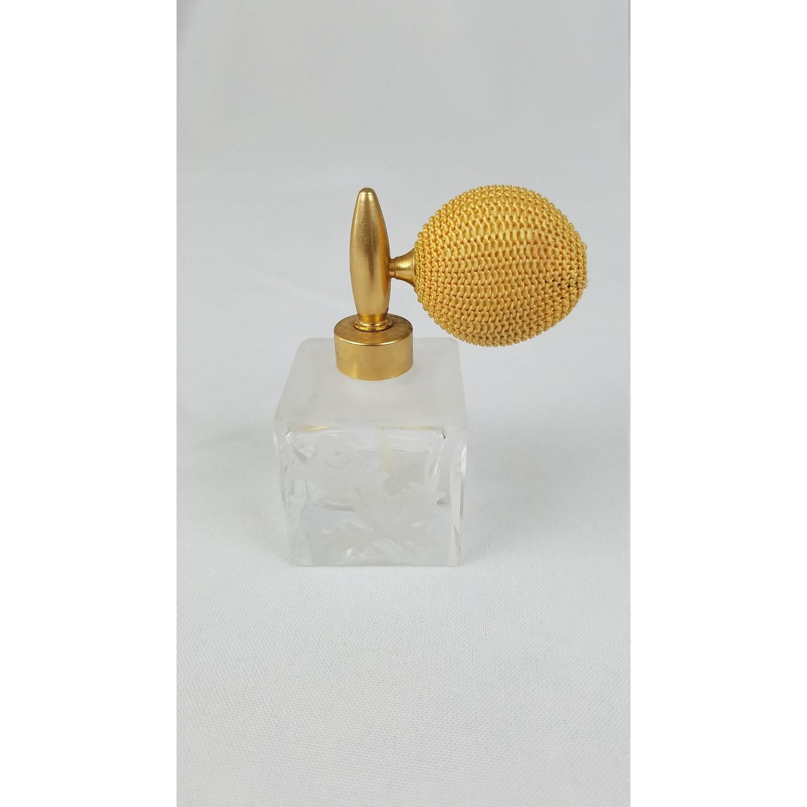 Vtg Acid Etched Gold Tone Powder Puff Glass Perfume Bottle Vanity