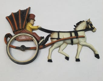May include: A black and white horse-drawn carriage wall decor with a black top and a red and white interior. The carriage is pulled by a white horse with black accents. The driver is wearing a yellow jacket and a black top hat.