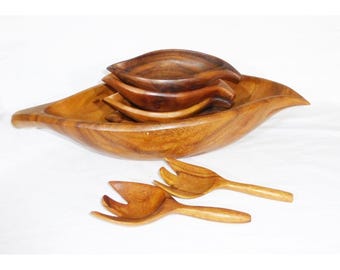 Vtg 1970's monkey pod hand carved large wood salad bowl set w/4 serving farm
