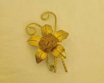 Vintage flower leaves mesh rose pin brooch gold tone
