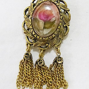 Vintage brass art glass flower cabochon pendent art nouveau image 2