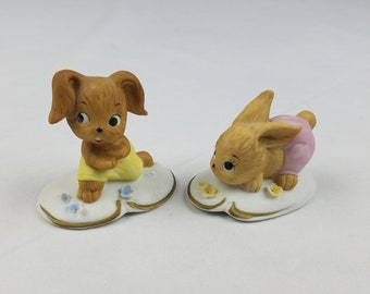 Lefton #7741 bunnies rabbits hand painted ceramic home decor collectible figurine animal set of 2