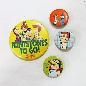 Vintage hanna barbera flintstones to go dennys promo pinback button set of 4