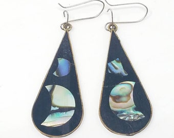 Vtg Alpaca silver Mexico earrings Abalone Onyx inlay tear drop dangle