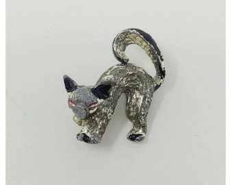 Spilla vintage a forma di gatto in smalto color argento