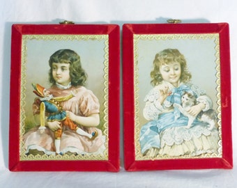 Vintage plaque wall decor nostalgia 1880 print two girls Victorian set of 2