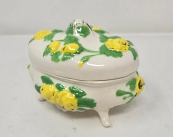 Vtg ceramic footed trinket dish w/lid yellow green roses floral cottagecore
