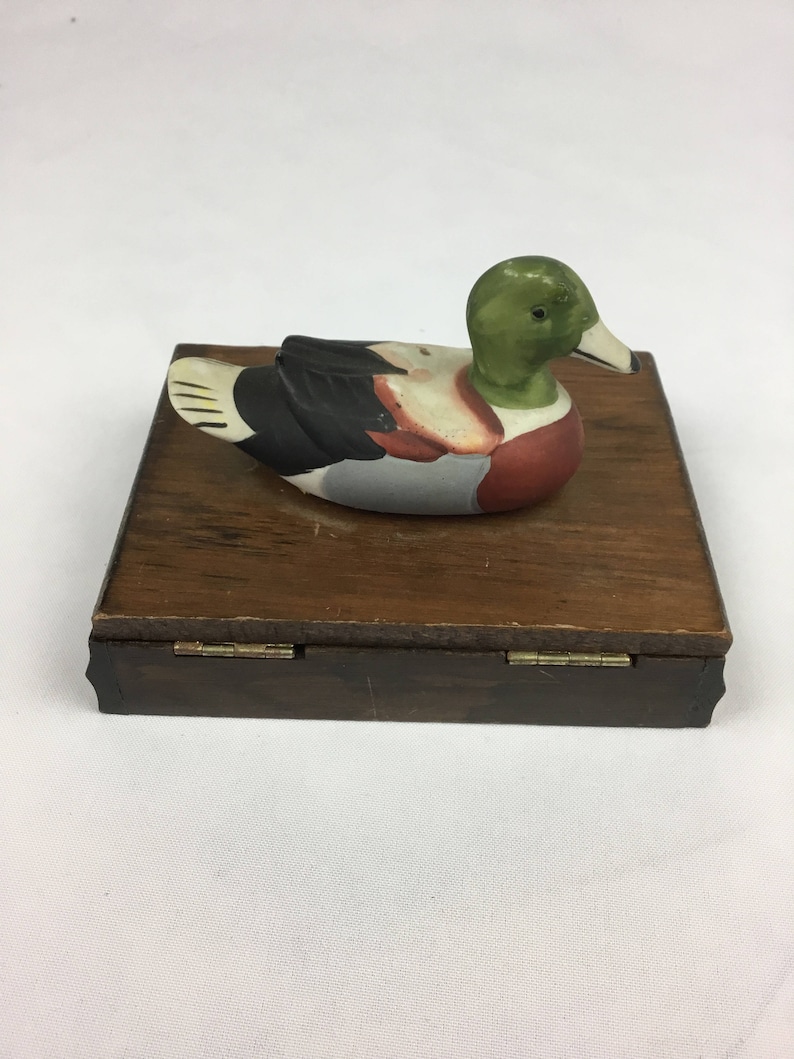 Vintage wood playing card holder box ceramic mallard duck decor