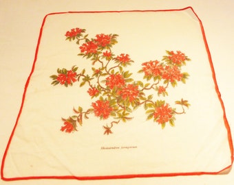 Hanki flower print cotton vintage 50's handkerchief rhododendron ferrugineum flowers on white background red edge