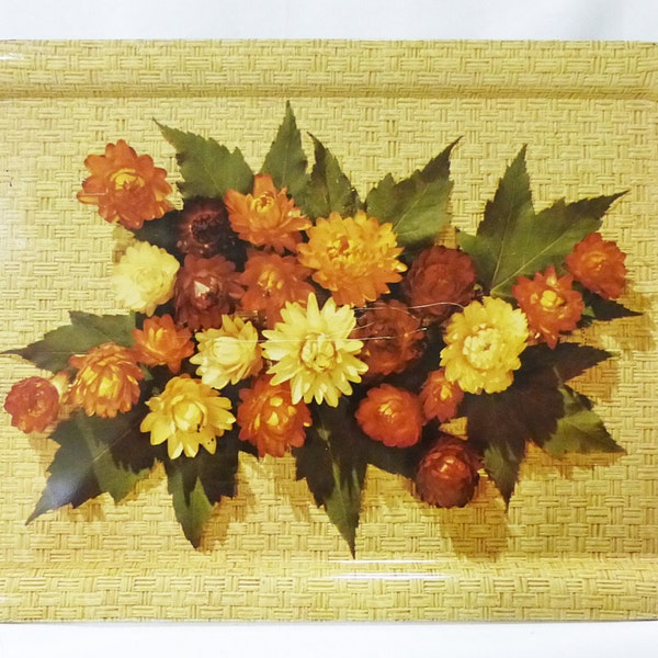 TV tray metal tin vintage snack lap serving brown with flowers