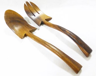 Vintage teak wood fork and spoon serving set salad handcrafted rustic farmhouse