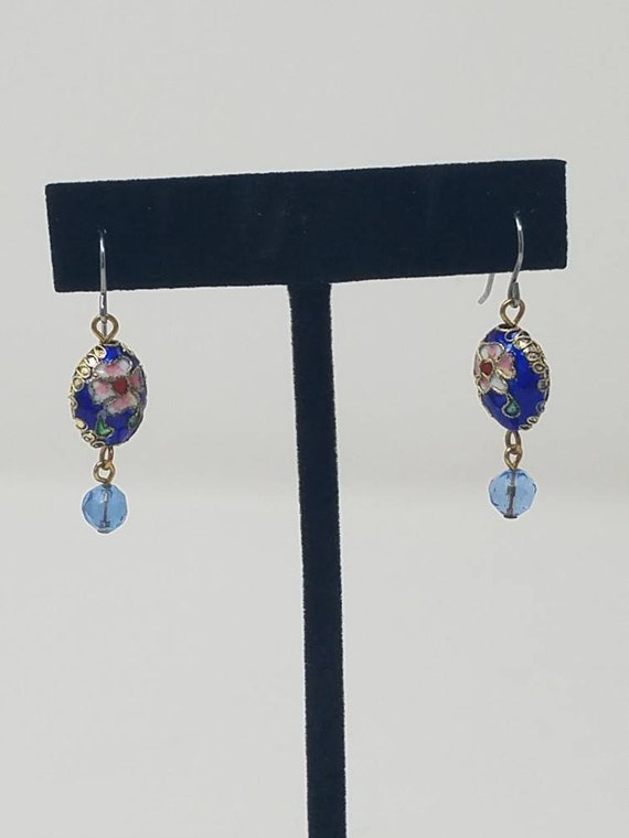 Vtg 1.25" Cloisonne floral dangle earrings blue pi