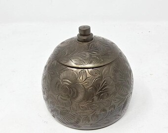 Vintage hand etched brass lidded jar floral engraved spherical sugar bowl pot