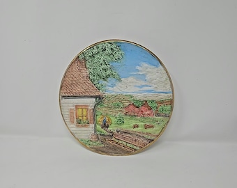 Piatto vintage Byron Molds 1980, ceramica rialzata, arazzo da parete dipinto a mano, scena di fattoria, cottagecore, stile western