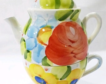 Alacarte JCPenney Individual teapot and cup farmhouse, ceramic, made in Italy.