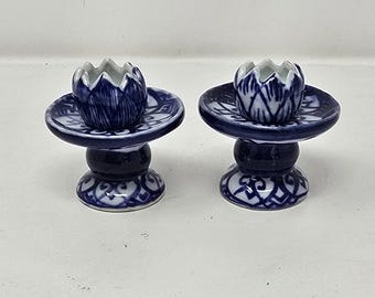 Antique Chinese flow blue scalloped candlesticks Chinoiserie Chic Old World