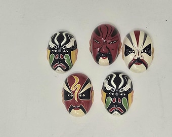 Vtg WUXI chinese handmade hand painted, 5 clay kabuki masks huishan theater figurines opera