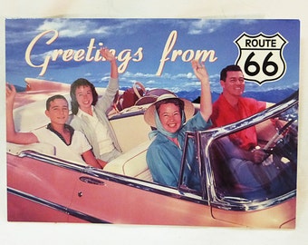 Greetings from historic route 66 family in car postcard unposted new