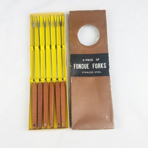 Vintage roestvast stalen vorken houten grepen fondueset van 6 Japan half eeuw keuken ware