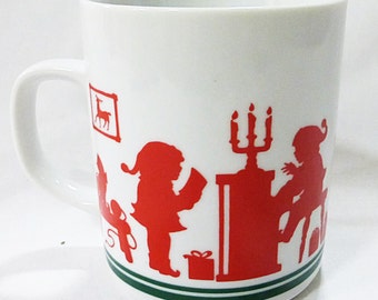 Avon christmas holiday red silhouette mug 1984 santa and elves