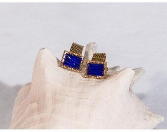 Gemelli vintage in maglia metallica color oro con vetro blu, gioielli personalizzati, stile accademico preppy