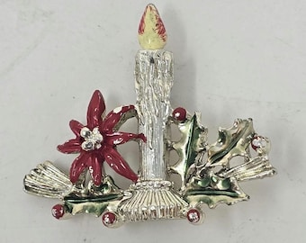 Gerry's lit candle poinsettia silver tone enamel flame christmas brooch pin