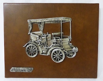 Vintage peugeot mod 1895 mounted pewter on leather wall decor plaque spain