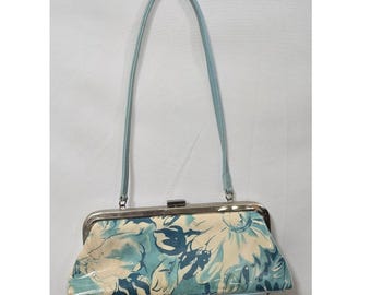 Vtg Y2K floral framed clutch women blue retro handbag vinyl over fabric Kitschy