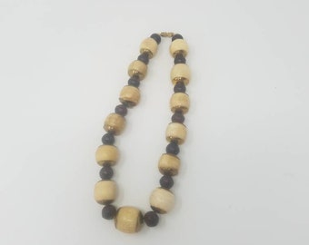 Vtg wood brass bead necklace