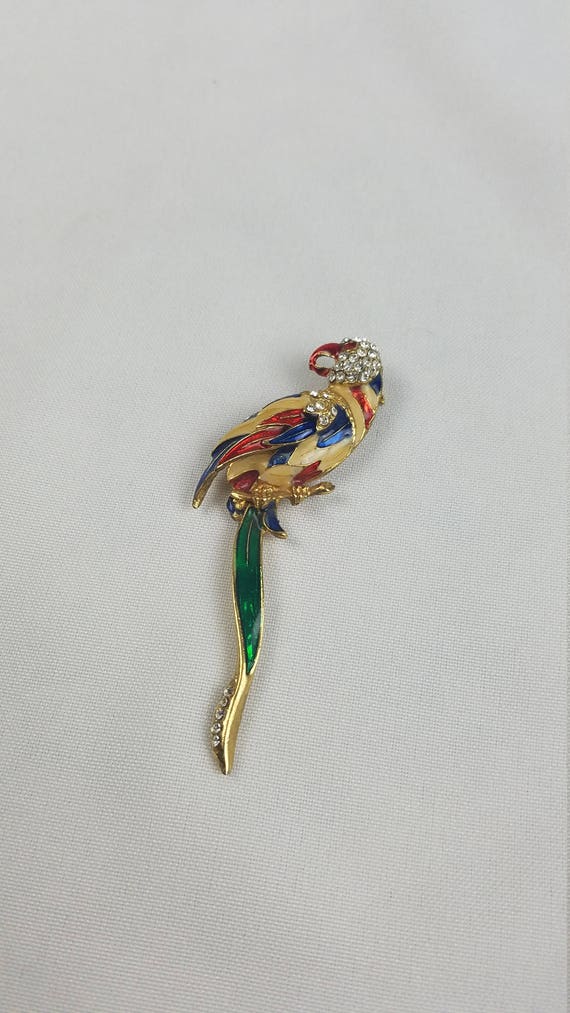 Vintage enamel crystal Macaw parrot brooch pin rhi