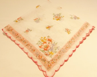 Hanki flower print cotton vintage 50's handkerchief pink flowers on white background scalloped edge