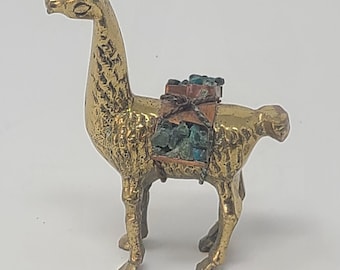 Vtg 1970 brass Llama Alpaca figurine hauling rock in copper rigging home décor animal