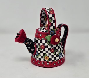 Vtg Mary Engelbreit watering can floral check pin cushiowhimsical Cottagecore