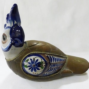 Tonala ceramic stoneware parrot bird with brass overlay mexican folk art vintage 1980s