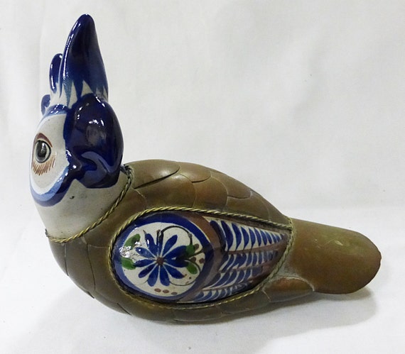 Tonala Ceramic Stoneware Parrot Bird With Brass Overlay
