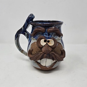 Vtg ugly funny 3D mug face stoneware toothed Mustache Dad handmade glaze pottery