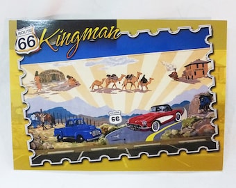 Arizona historic route 66 kingman classic cars train camal natives postcard unposted new